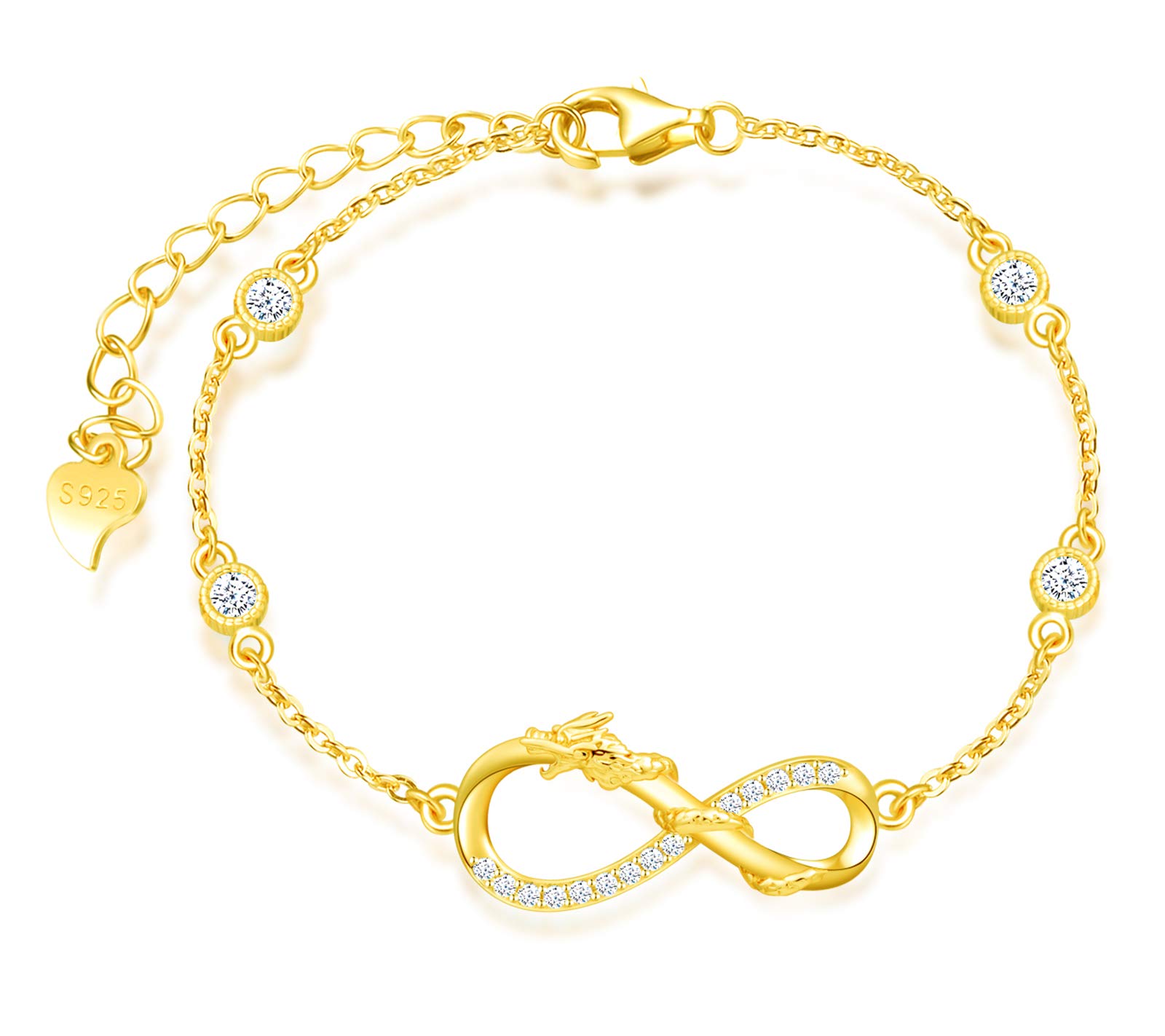 INFINIONLY Women's 925 sterling silver bracelet, Oriental dragon inlaid zircon, gold, animal jewelry-sets