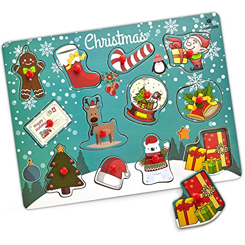Gleeporte Wooden Peg Puzzle, Holiday Christmas Theme - Learning Educational Pegged Puzzle Boards for Toddler & Kids - Christmas (12 Pieces)