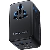 MOMAX 6-in-1 Universal Travel Adapter, GaN 100W International Power Adapter, 2 AC, 2 USB-C PD Fast Charging & 2 USB-A QC, All-in-one International Plug Adapter for Travel European UK AUS JP