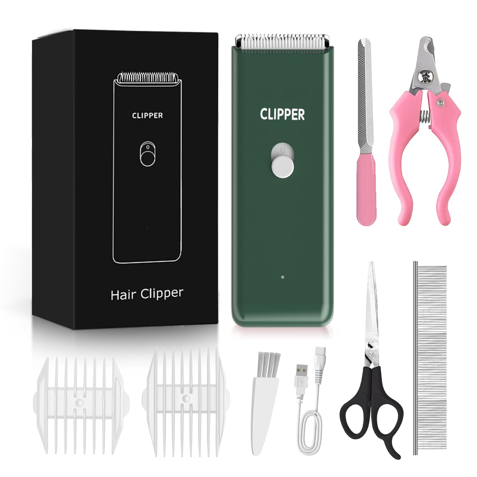 Dog Grooming Kit Electric Pet Paw Trimmer Low Noise Cordless Cat Clippers for Dog Cat Home Hair Grooming,Waterproof Pet Grooming Tools with 9-Pieces (Green)