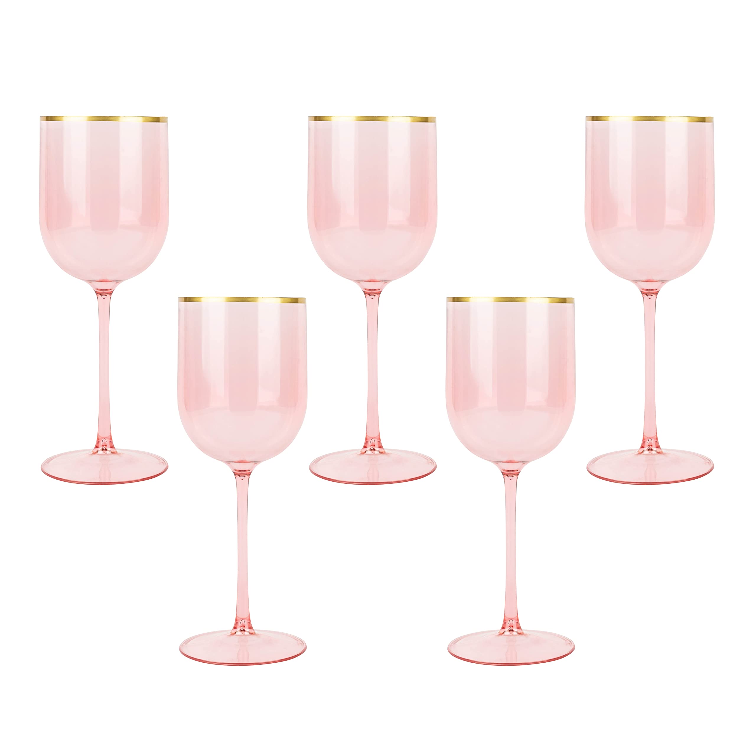 Photo 1 of (see all images) PLASTICPRO Pink Wine Cup with Gold rim Plastic Wine Glasses Set of 5 Elegant Wine Goblets Hard Plastic Wine Cups on Stem 12 Ounce