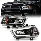 ACANII - For [Halogen Model] 2011-2014 Dodge Charger LED DRL Tube Black Housing Projector Headlights Headlamps Assembly