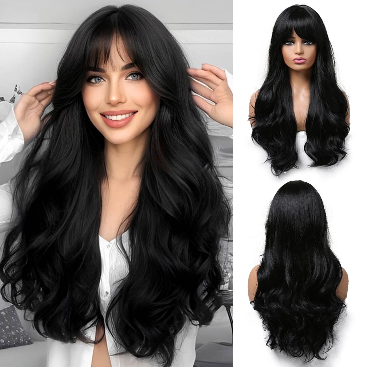 OUFEI Long Black Wig With Bangs Natural Wavy Wigs for Women Natural Synthetic Hair Heat Resistant Wigs for Daily Party Cosplay Wear — image 1