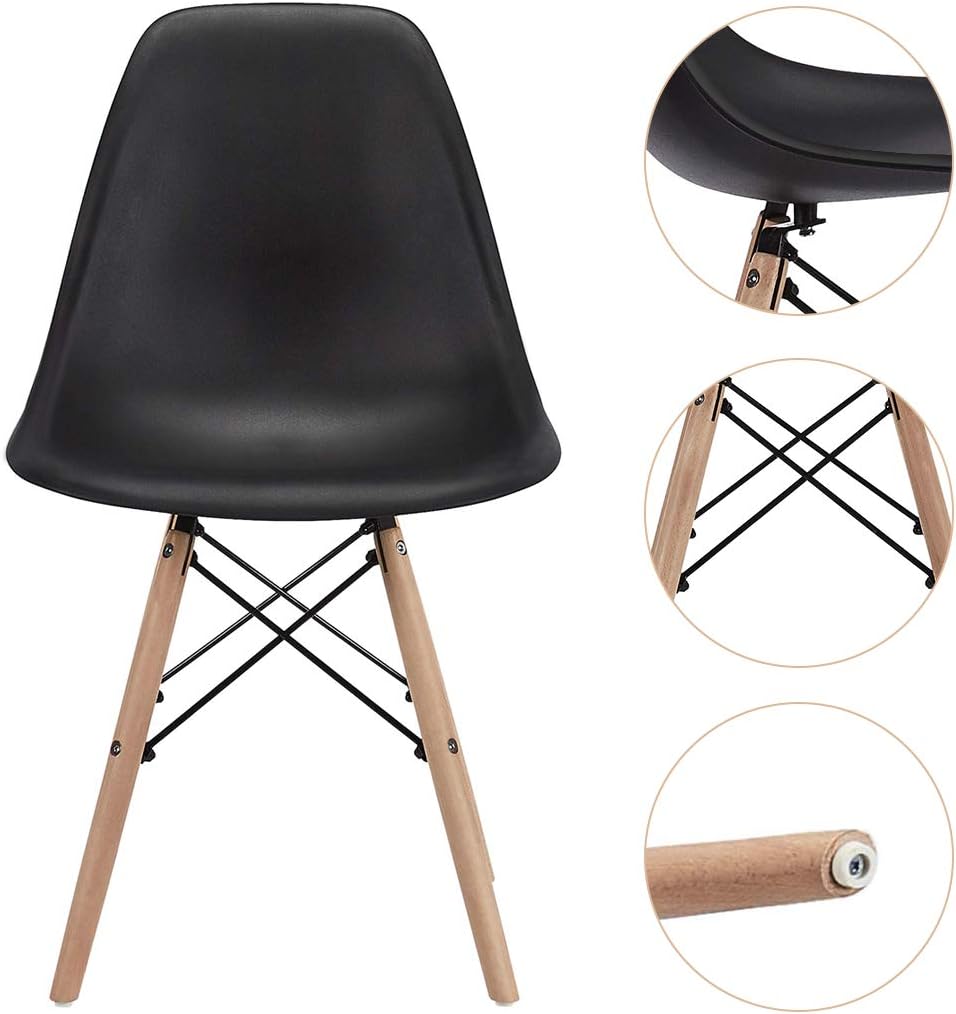 CangLong Modern Mid-Century Shell Lounge Plastic DSW Natural Wooden Legs for Kitchen, Dining, Bedroom, Living Room Side Chairs, Set of 4, Black: Furniture & Decor