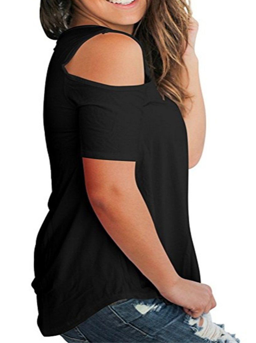 FELACIA Women\'s Casual T Shirt V Neck Cold Shoulder Tops Short Sleeve Tshirt