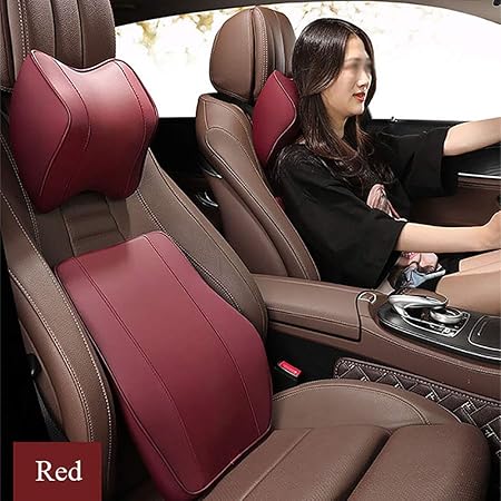 Amazon 車のヘッドレスト シートクッション枕 低反発ネック枕 ウエストクッション 柔らかく快適な革製枕ケース Red ヘッドレスト 車 バイク