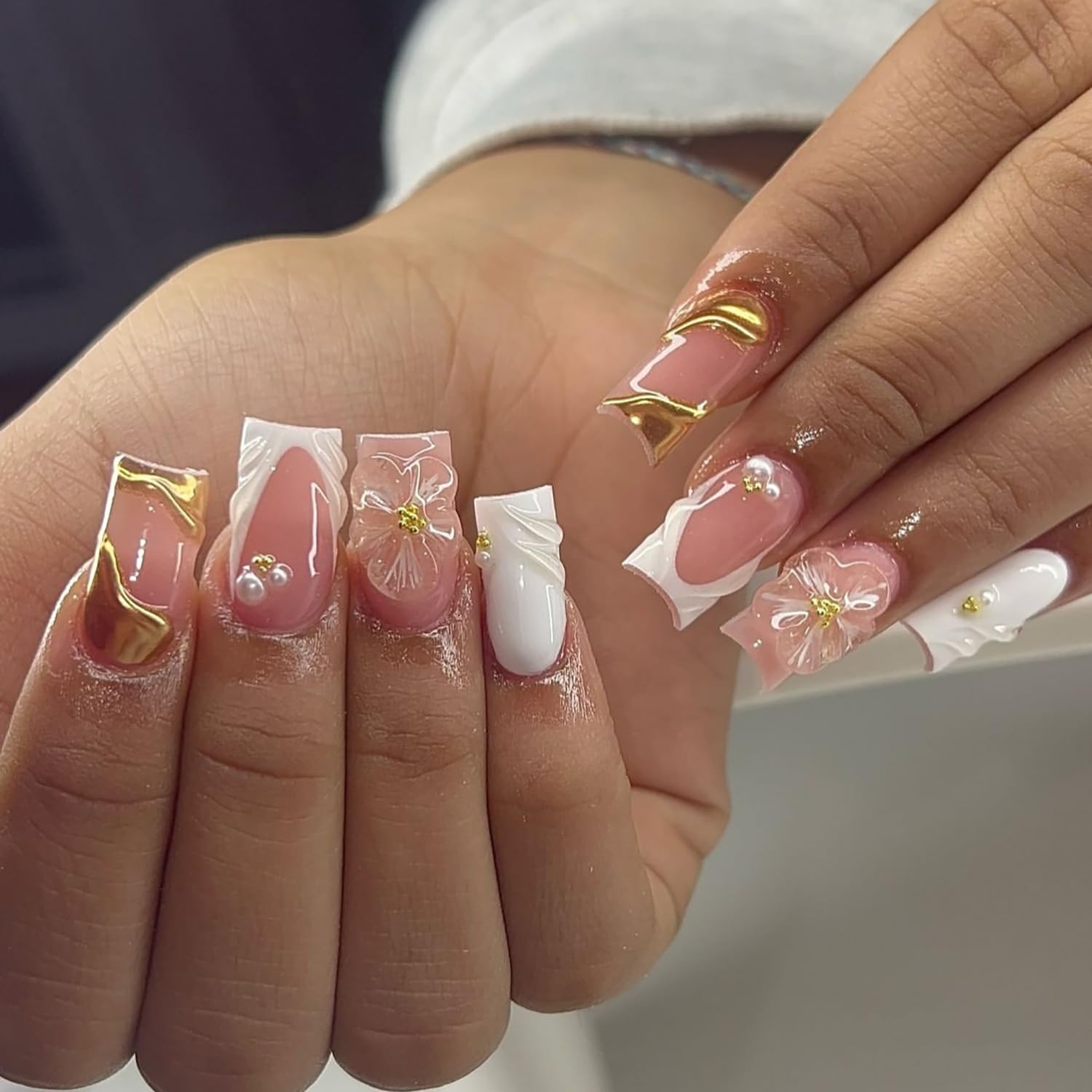 Photo 1 of Spring French Press On Nails Medium Square White Fake Nails 3D Pink Flower Nail Press Ons With Gold Pearl Design Gold Nail Tip False Nails Summer Stick On Nails Full Cover Glue On Nail For Women