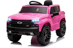 KIMBOSMART Chevrolet Silverado 12V Kids Boys and Girls Electric Ride on Truck Car Electric Vehicle Jeep with Parents Remote Control, 2 Speeds, 4 Wheels, LED Lights, Music (Pink)