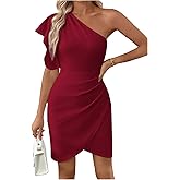 SweatyRocks Women's Elegant One Shoulder Cocktail Dress Ruffle Sleeve Wrap Bodycon Classy Party Dresses
