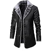 Thatrich Long Leather Trench Coat Men with Faux Fur Sherpa Lined Jacket Button Down Motorcycle Bomber Coats Heavyweight Warm