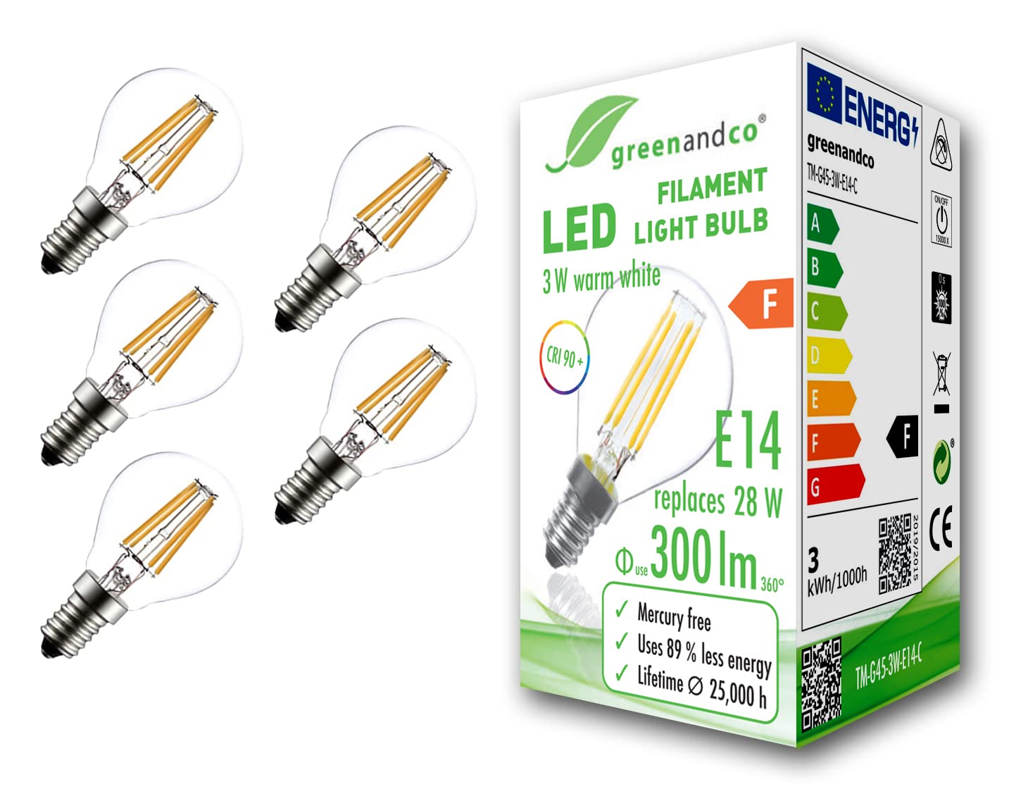 greenandco® CRI 90+ E14 G45 Globe LED Filament Bulb Clear 3W Replaces 28W 300lm 2700K Warm White 360° 230V, no Flicker, not dimmable, 5-Pack