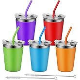 Rommeka Kids Tumblers with Lids and Straws, 5 Pack Upgrade 12oz Stainless Steel Unbreakable Toddler Cups Spill Proof with Colorful Sleeve, Reusable Drinking Cup for Adults and Children