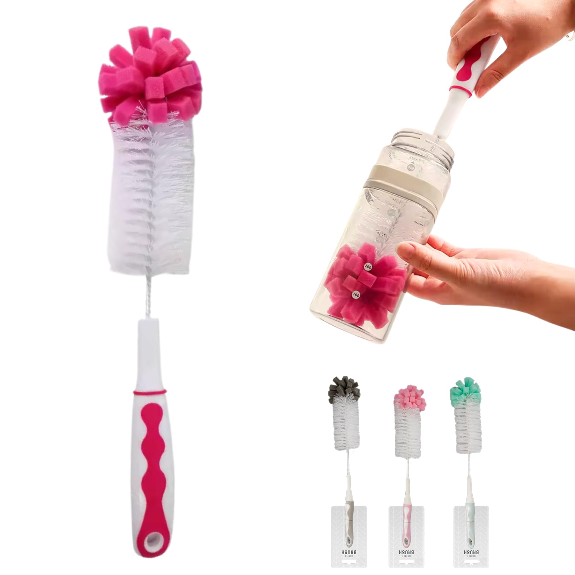 Bottle Cleaning Brush- 17" Long Sturdy Plastic Handle with Stiff Bristles | Compact and Ideal Durable, Flexible, Non-Slip Grip | Wine, Decanter, Narrow Neck Brewing Cleaner (BLUSH PINK)