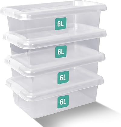 Klass Home Collection 4 x 6 Litre Clear Plastic Storage Boxes with Lids Set of 4