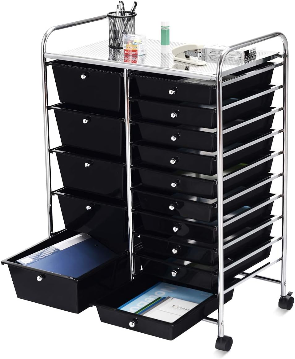 Giantex 15 Drawer Rolling Storage Cart Tools Scrapbook Paper Office School Organizer, Black: Home Improvement