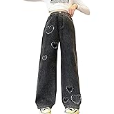 NABER Kids Girls Casual Baggy Wide Leg Denim Pants Elastic Waist Casual Jeans Age 5-14