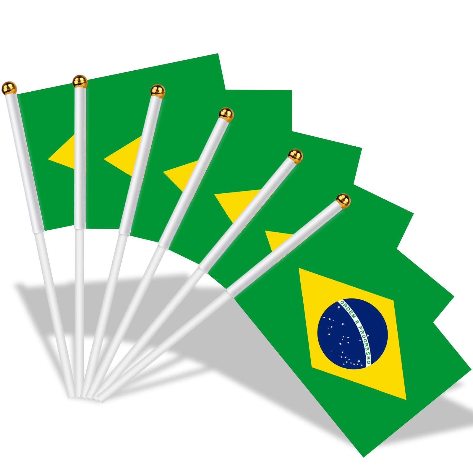 AhfuLife 30pcs Brazil Flags on Sticks for Party Decorations, 14 x 21cm Hand Held Brazilian Small Flags with 30cm White Pole for National Day World Cup Football Sports Event Garden Street Decorations — image 1