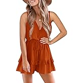 Valphsio Womens V Neck Beach Tank Rompers Flowy Ruffle Layered Shorts Jumpsuit High Waist