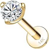 SYLWIA 14K Real Gold Lip Rings Stud, 16g Internally Thread Ashley Piercing Lip Jewelry, Simulated Diamond CZ - 2.5mm 3mm, 18g Nose Conch Helix Tragus Labret Stud for Women Men