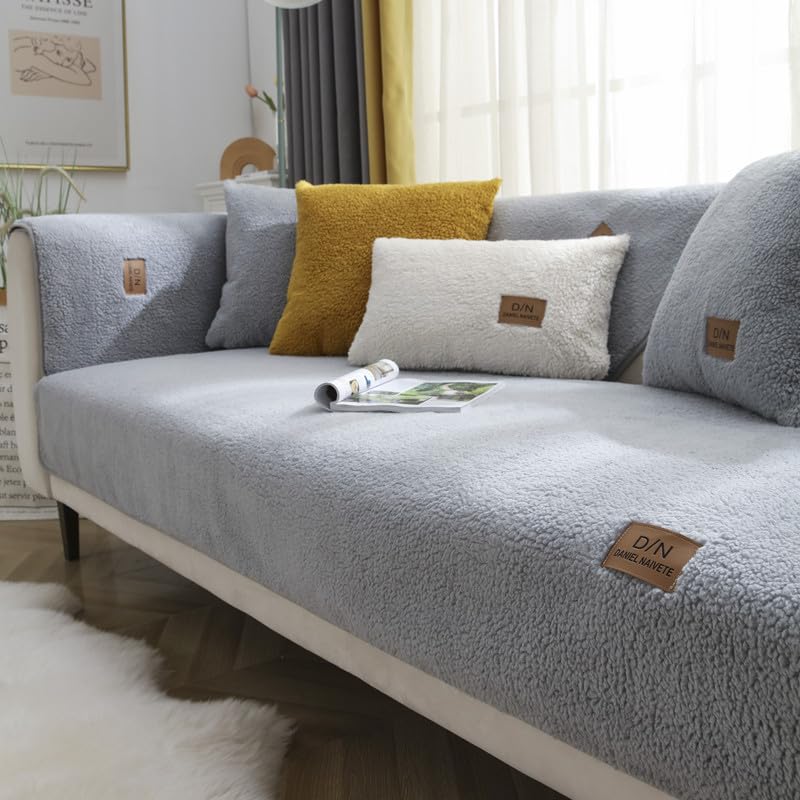 VanderHOME Sofa Cover 1 2 3 4 Seater, Lambswool Couch Cover,Universal Non-Slip Corner Sofa Cover L Shape Super Soft Autumn Winter Sofa Slipcovers for Living Room 70 * 90cm-Grey-Armrest (1 PC)