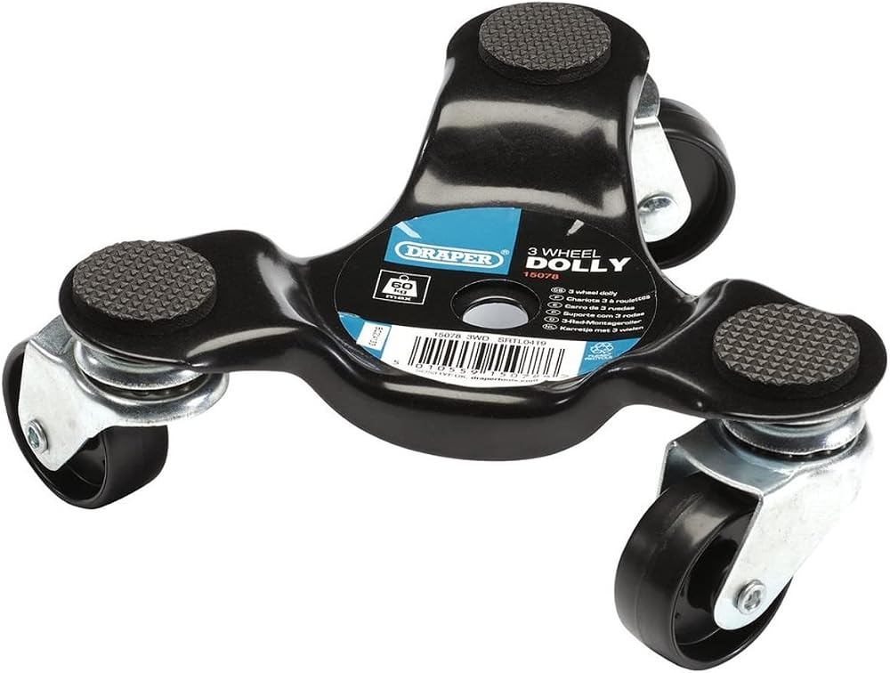 Draper 15078 3 Wheel Dolly 60kg Capacity Black Aluminium Base Casters