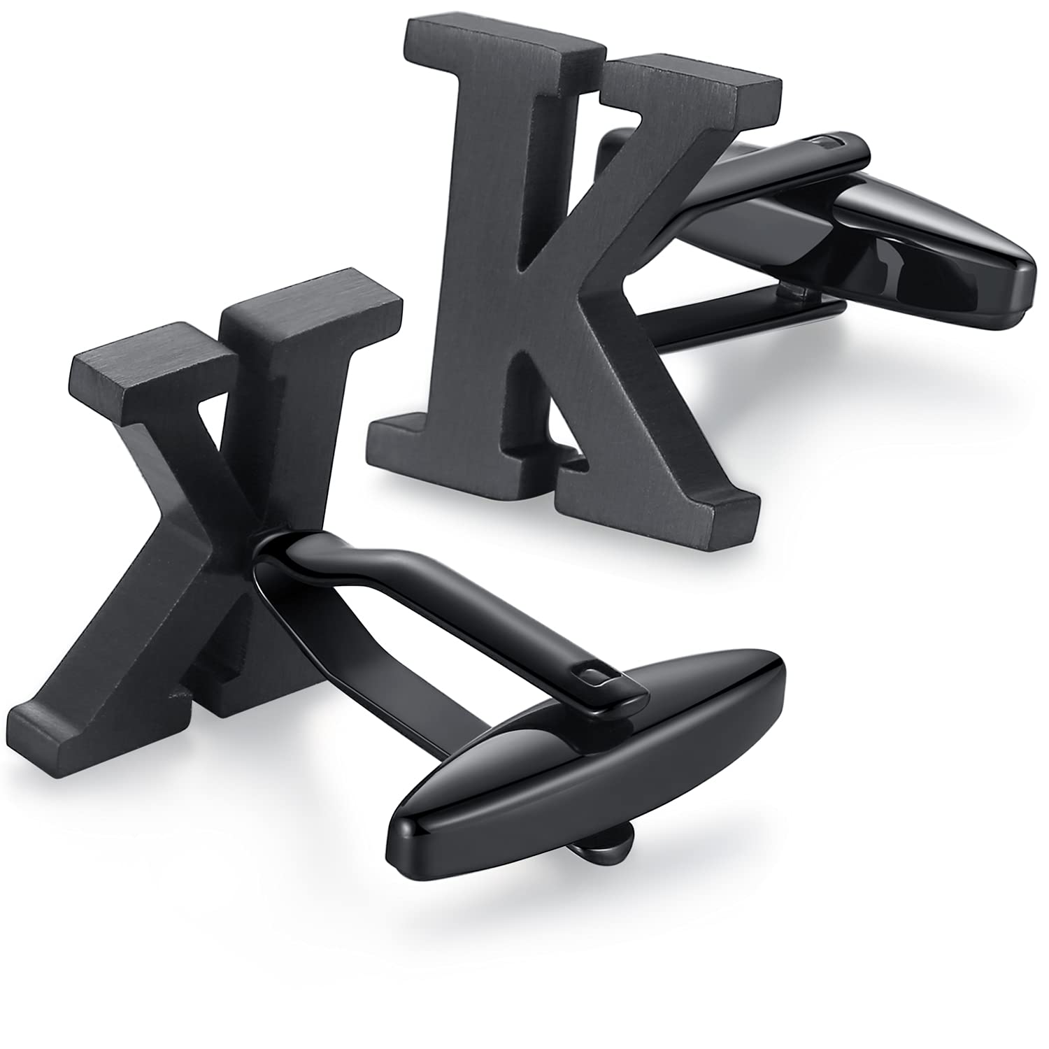 HONEY BEAR Mens Initial Alphabet Letter Cufflinks,Stainless Steel for Wedding Formal Business Gift (K-Black)