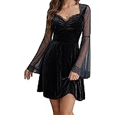 QIANZHIDU Women's Velvet Lace Trim V Neck Mesh Sheer Long Sleeve Club Mini Dress
