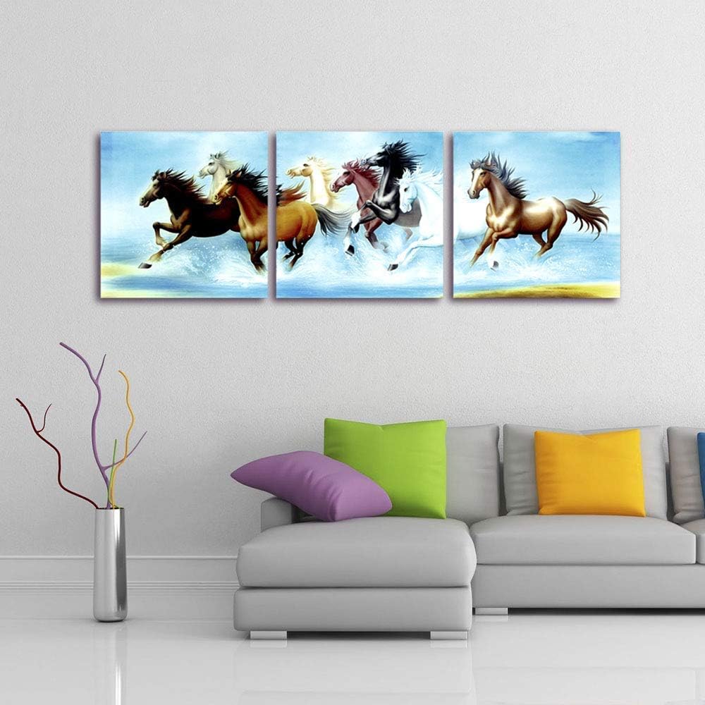 Purple Verbena Art Animal Artwork Wildlife Canvas Painting : Eight Horses Running on The Blue Sea Wall Art Print for Home Living Room Office Decoration (20x20inchx3Pcs,Framed)