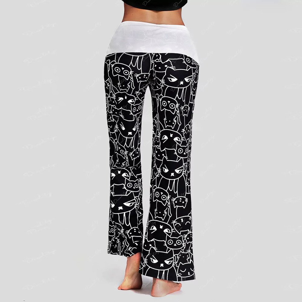 catmoew Frau Cat Drucken Hose mit weitem Bein Frauen Beiläufig Katzendrucke Kordelzug Hose Gamaschen Leggings