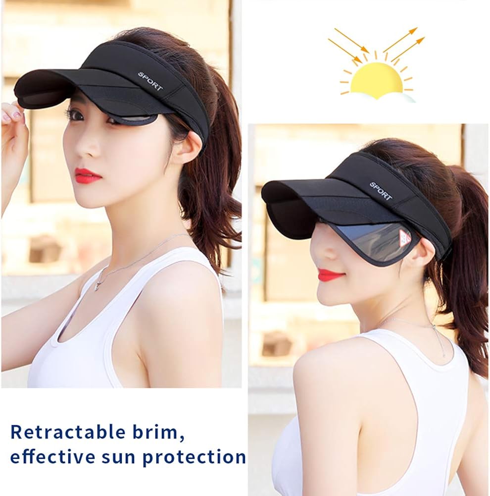Summer Sun Visor Hat - Women Adjustable Golf Cap with Retractable Brim, UV Protection Beach/Tennis Sport Hat (Black): Clothing