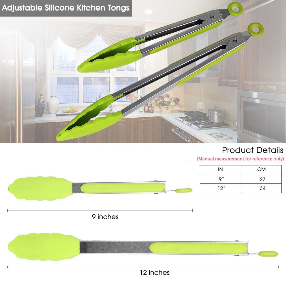 Singular point Kitchen Tongs,Heavy Duty Non-Stick Stainless Steel Food Tongs Set with FDA Grade Silicone Tips Ring Pull Locking System Serve for Salad,BBQ,Baking set of 2 pcs (Green)