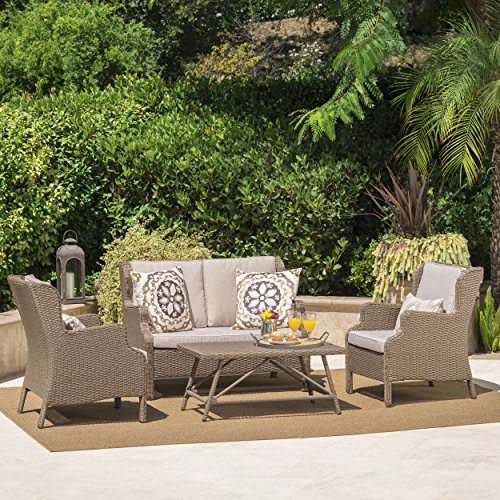 Lantana Outdoor 4 Piece Light Brown Wicker Chat Set with Textured Beige Water Resistant Cushions