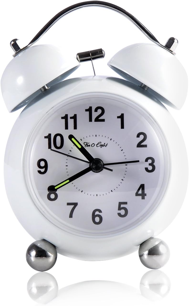 Teleseven Twin Bell Alarm Clock, FIVE O EIGHT desk clock with Backlight,Large Numbers Display,Battery Operated Loud Alarm Clock (White)