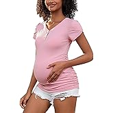 MOMOOD Maternity Shirts Tops V Neck Maternity Blouse Petal Short Sleeve Pregnancy Tshirt Tees