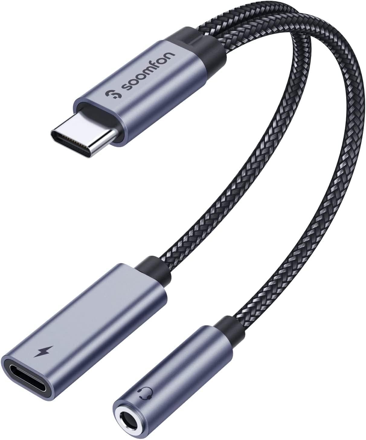 タイプc イヤホンジャック変換器 - SOOMFON 2-IN-1 USB C イヤホンジャック 60W PD急速充電 Type-C イヤホン 3.5mm オーディオアダプタ 音楽/通話 音量調節可能 MacBook iPad Pro Google Pixel Xperia Aquos Type-C 機器用 グレー の商品画像