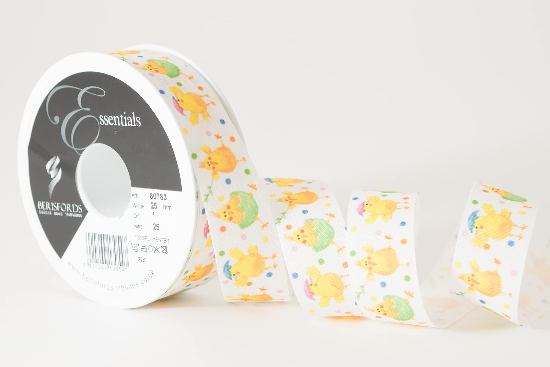 Berisfords Taffeta Easter/Spring Patterned Ribbon ‘Spring Chicks’ Multicolour on Yellow 25mm Wide 25m Reel