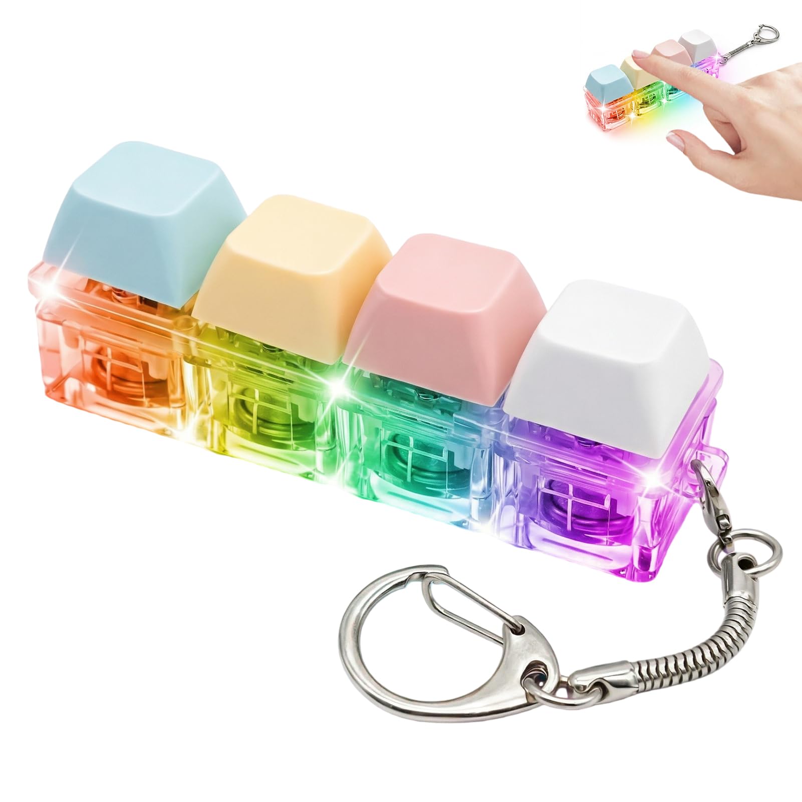 4 Button Keyboard Fidget Toy, Funny Fidget Keyring with LED Light, Mini Finger Keyboard Caps, Light Up Keychain Keyboard Decompression Toys to Relieve Stress Pass the Time