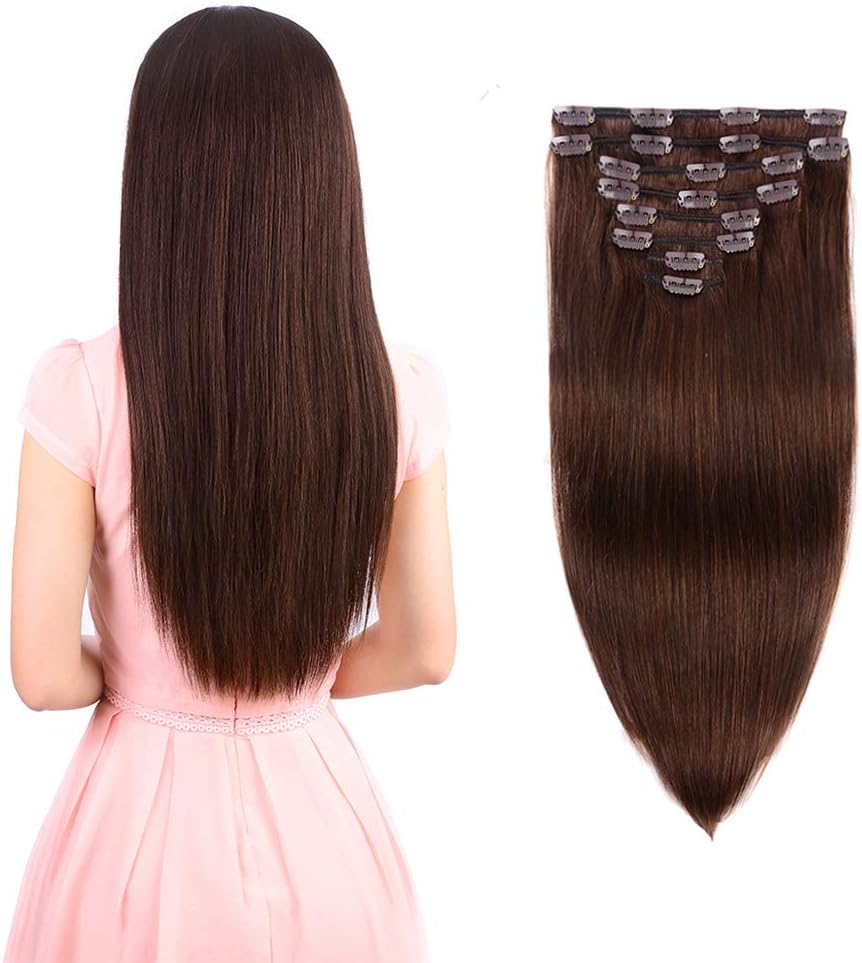 Real Clip in Hair Extensions Brown 8 Pieces - Premium Women Straight Double Weft Thick Remy Hair Extensions Clip in on Human Hair for Short Hair (14" / 14 inch, #4, 100 grams/3.5 Oz)