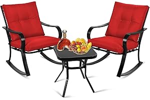 Patiomore 3-Piece Outdoor Rocking Chairs Bistro Sets Patio Furniture Set, Glass-Top Coffee Table and Black Iron Chairs with Red Thick Cushions
