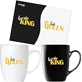 BRUBAKER Coffee Mugs Her King & His Queen with Greeting Card - Couple Mug Set Black and White - 10 oz Gift Set in Gift Box for Valentine's Day, Wedding, and Christmas