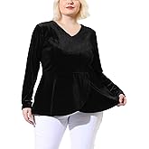 Agnes Orinda Women's Plus Size Retro Velvet Velour Tops V Neck Tulip Hem Long Sleeve Christmas Peplum Blouse