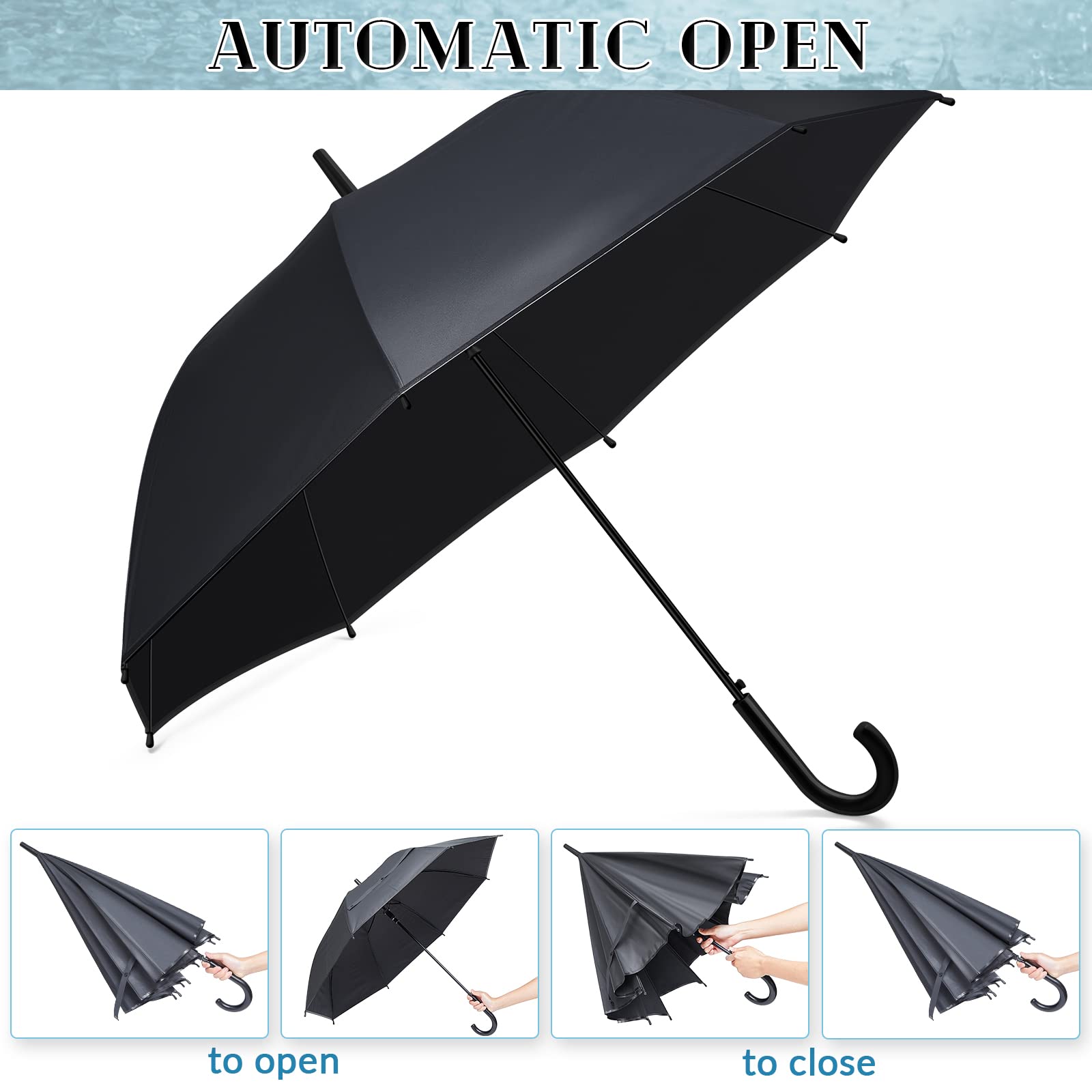 Reginary 12 Pack Black Umbrella Wedding Style Stick Umbrellas Large Canopy Windproof Transparent Stick Umbrellas Wedding Rain Transparent Umbrellas Bulk Auto Open J Hook Handle