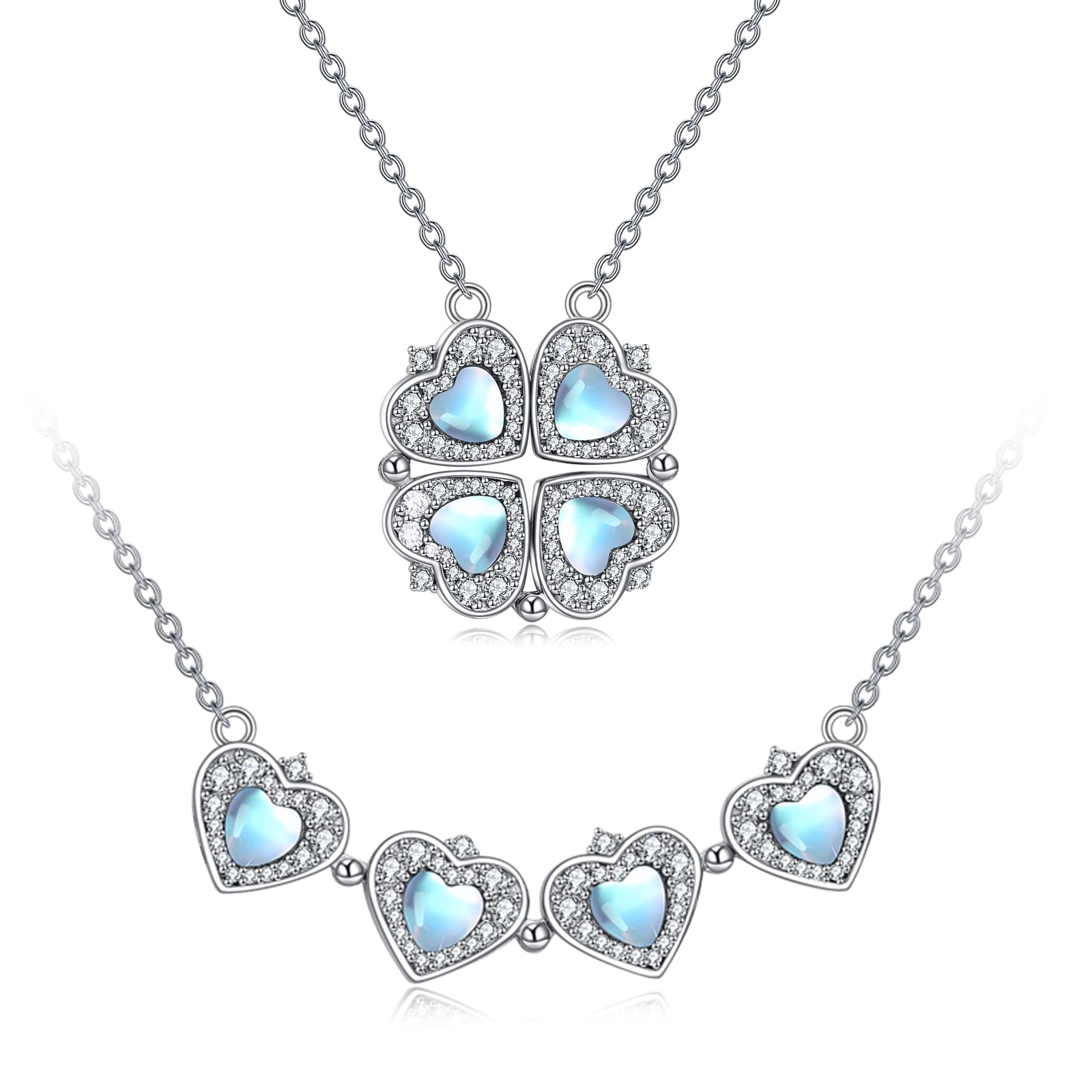 POPLYKE Lucky Four Leaf Clover Necklace Sterling Silver Moonstone Magnetic Folding Heart Love Pendant 4 Leaf Clover Jewellery Gifts for Women