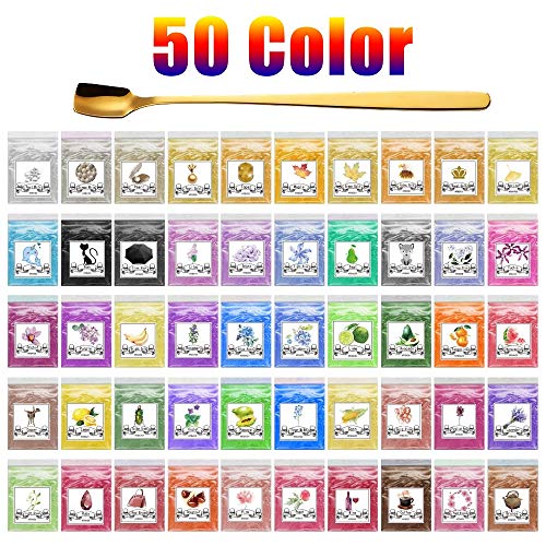 Mica Powder for Epoxy Resin Supplies, Alritz 50 Colors Cosmetic Grade Metallic Shimmer Pigment Colorant Dye for Lip Gloss Slime Bath Bombs Soap Candle Making Polymer Clay (0.18oz Each Color)