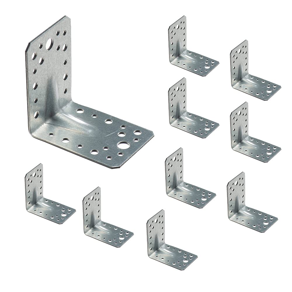 VHG Angle Brackets for Wood Pack of 10 (90 x 90 x 65 x 2.5) - Heavy Duty Corner Braces, Metal L Shape With Beading, Galvanised Steel Sheet 90 Degree, Reinforced Fixing Connectors — image 1