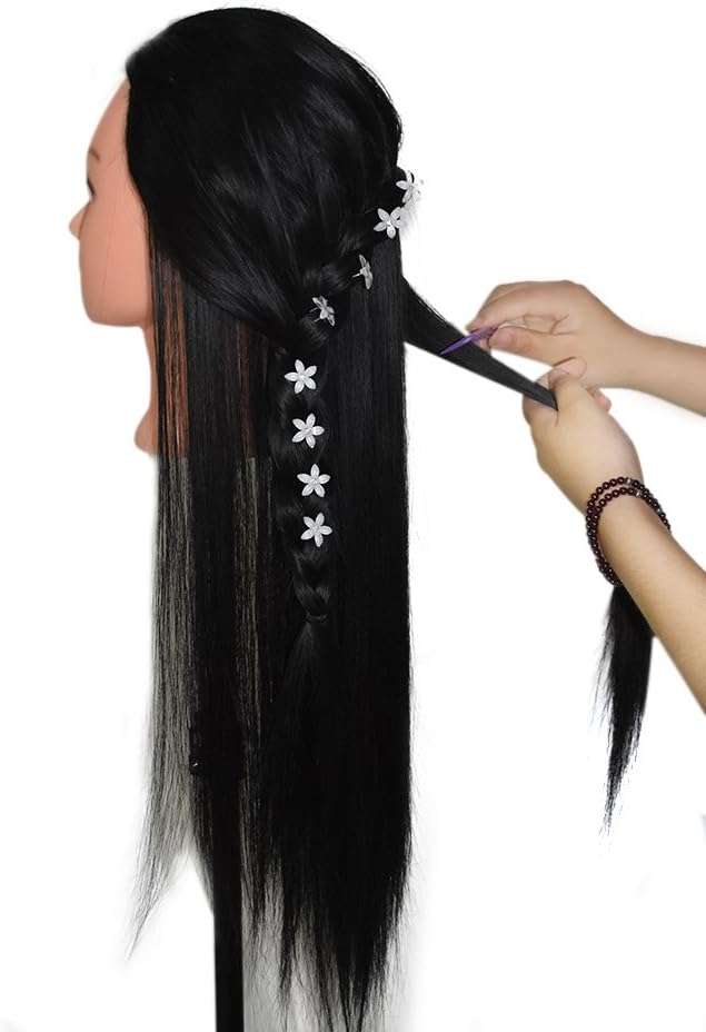 CNicehair 24" Black Mannequin Head Training Head Synthetic Hair Manikin Cosmetology Doll Hairdressing Practice (Table Clamp Stand Included) black