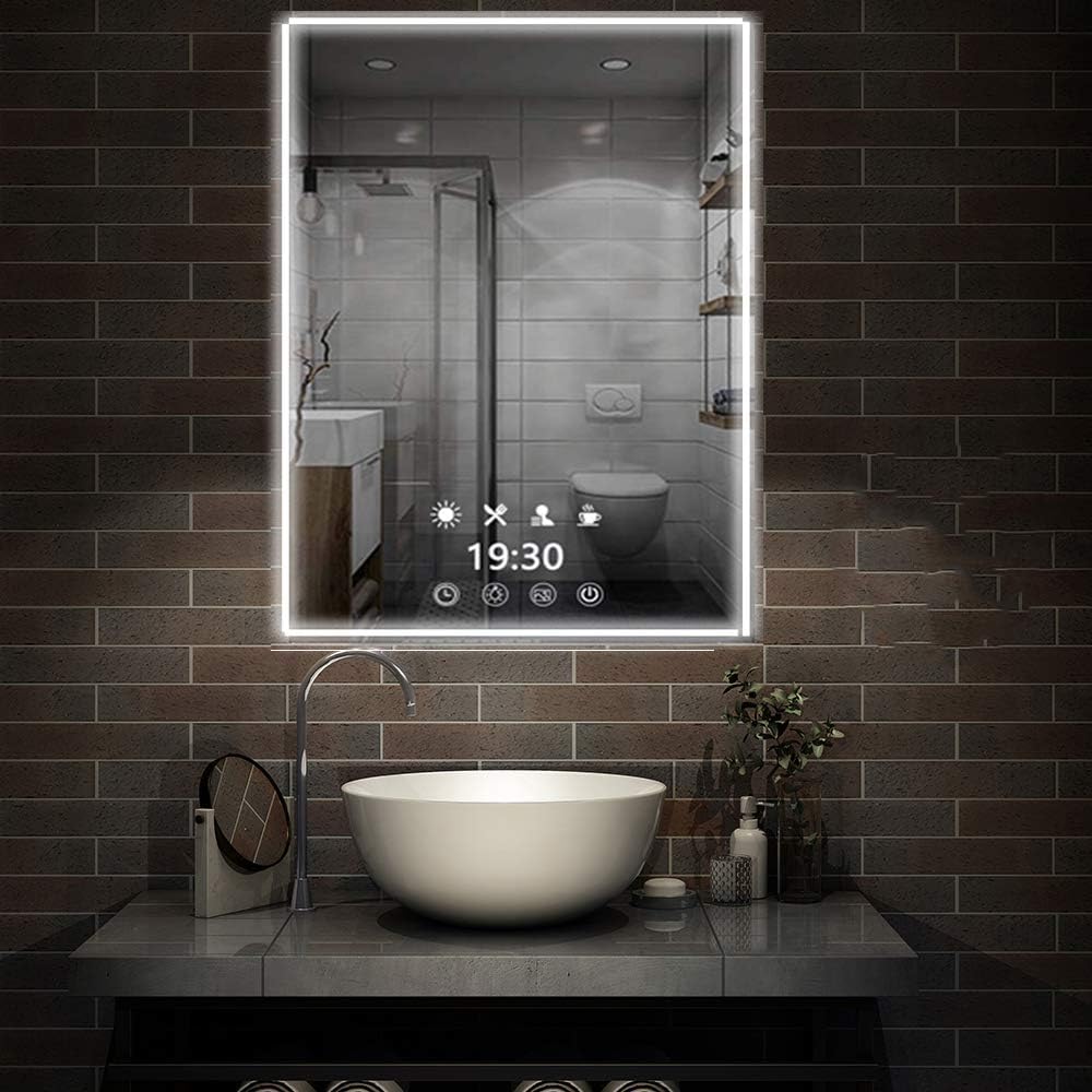 Amazon Com Feelglad Time Display Led Lighted Bathroom Mirror 32 X 24 Inch Wall Mounted Mirror With Scene Lighting Simulations Touch Switch Color Temperature Changing Hanging Vertically Furniture Decor