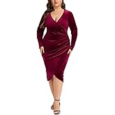 LADI TREND Plus Size Velvet Wrap Dress for Women Long Sleeve Sexy Ruched Cocktail Party Wedding Guest Bodycon Dress