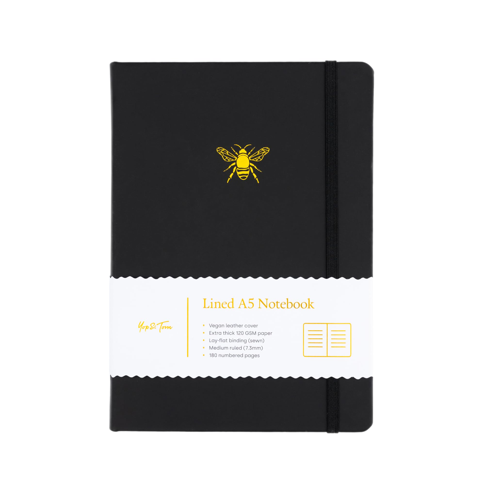Yop & Tom Bee Lined Journal - Notebook With Beautiful Faux Leather Cover and Extra Thick 120 GSM Paper - Charcoal