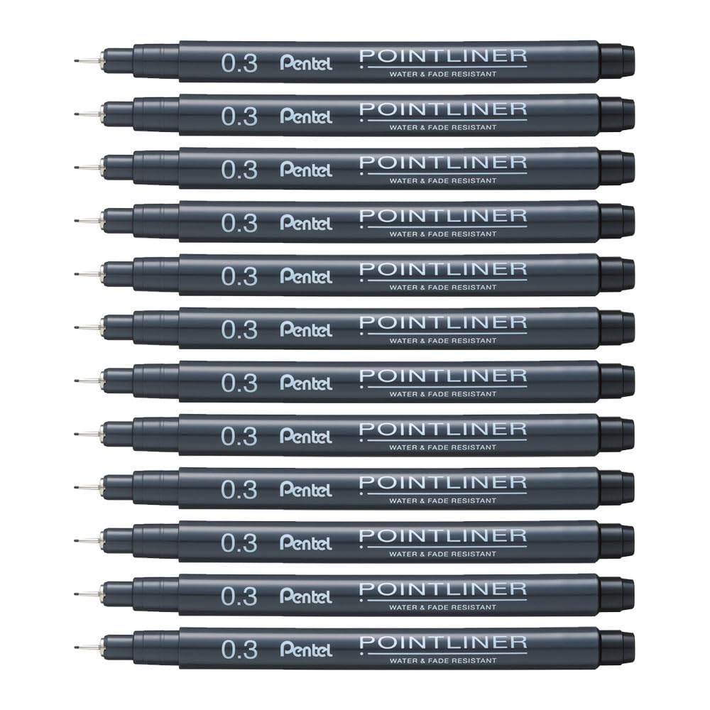 Pentel Arts Pointliner, 0.3mm Tip, Black Pigment ink, Pack of 12 pens